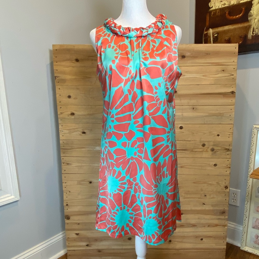 Tracy Negoshian bright floral sleeveless satin dress with braided collar size S